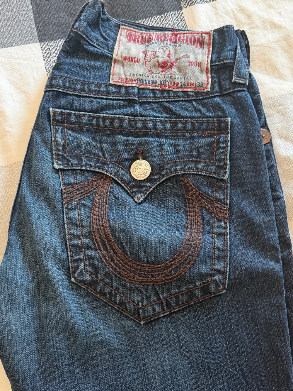True Religion Men’s Dark Blue Skinny Jeans with Brown Horseshoe Stitch